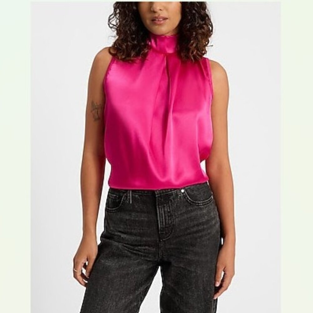 Express Satin Mock Neck Pleated Front Tank Pink Sizes Small, Medium, X-Large NWT